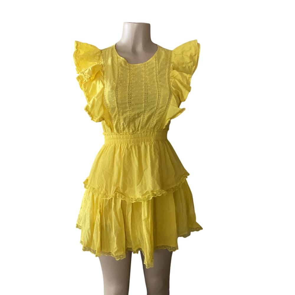 Forever 21 Swiss Dot Ruffle Mini Dress Yellow Lace Trim Open Back Women’s Small
